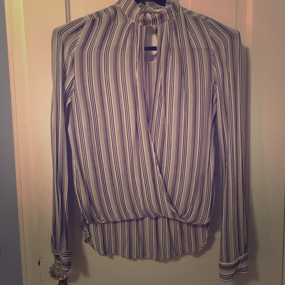 Long sleeve blue striped top with draping